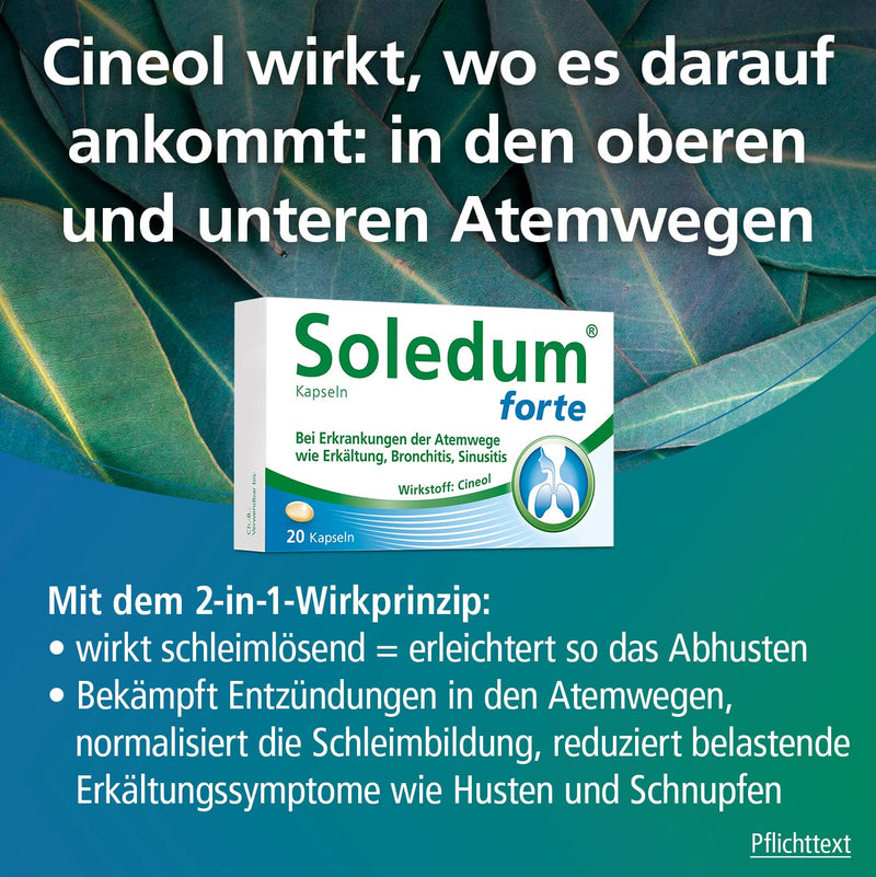 Soledum capsules forte | Cold capsules with cineole for inflammation of the respiratory tract such as bronchitis 50 capsules (Soledum capsules forte, 100 capsules) Soledum capsules forte 100 pieces (pack of 1) - NewNest Australia