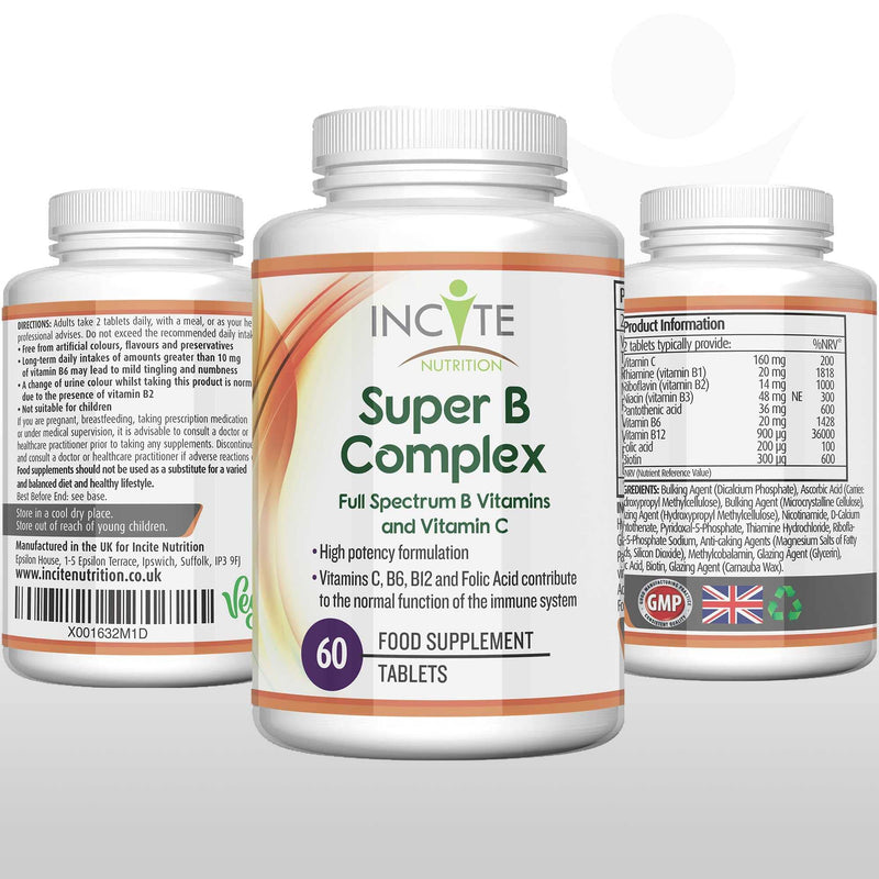 Vitamin B Complex High Strength | Super B Complex with B1, B2, B3, B5, B6, B12, Folic Acid, Vitamin C and Biotin | Suitable for Vegetarians and Vegans Plus GMO Free 60 Premium Easy Swallow Tablets - NewNest Australia