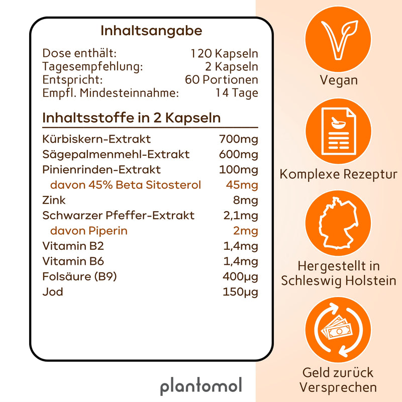 Plantomol 120 Prosta Fortuna Capsules With 700Mg Pumpkin Seed Extract, 600Mg Saw Palmetto Extract And Beta Sitosterol - 9 Coordinated Ingredients - High-Dose Natural Prosta Capsules - Vegan - NewNest Australia