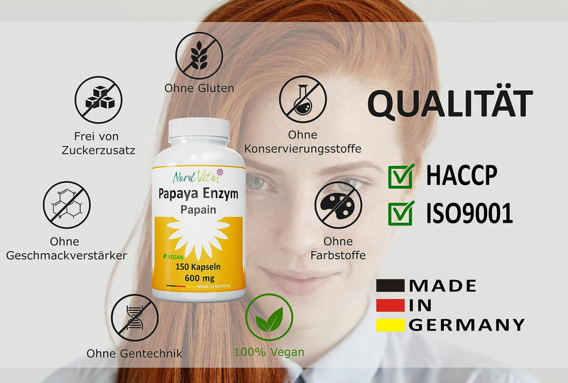 Papaya Enzymes - High Dose! - 150 Capsules - 1800 Mg Papain Per Daily Dose - 6 Million Units/G Enzyme Activity - Vegan - Natural Enzyme From Papaya Extract - German Production - NewNest Australia