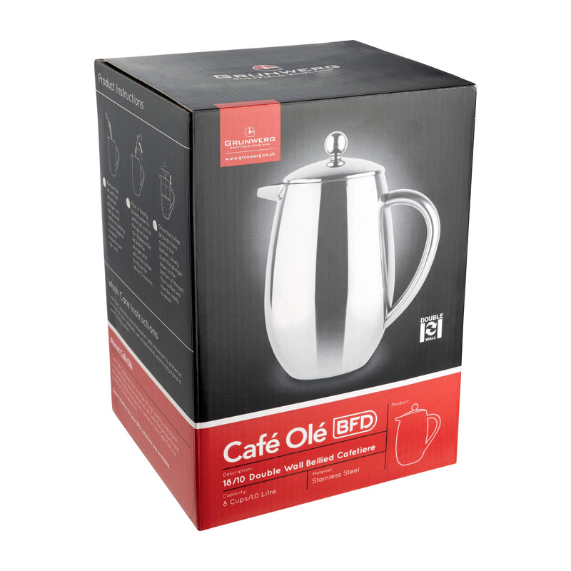 Café Olé BFD Cafetière, 1 Litre 3 Cup Double Walled Stainless Steel French Press Coffee Maker, Mirror Finish - NewNest Australia
