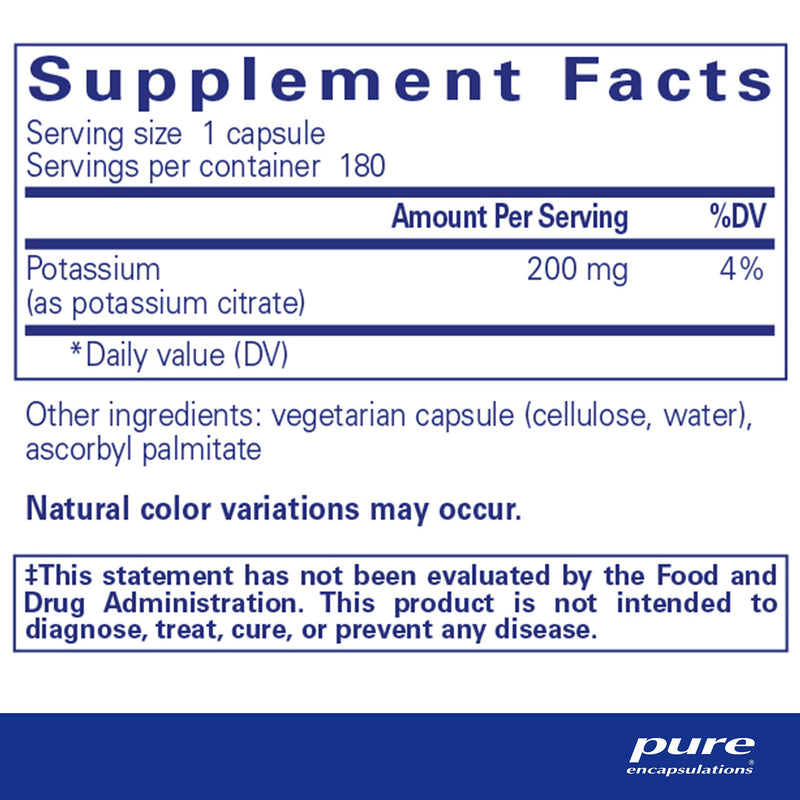Pure Encapsulations Potassium (Citrate) | Essential Electrolyte Supplement to Support Nerve and Muscle Function, Adrenals, Hormones, Heart Health, and Energy* | 180 Capsules Standard Packaging - NewNest Australia