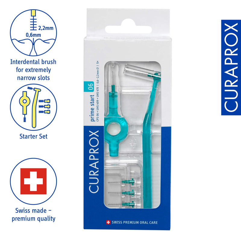 Curaprox interdental brush set CPS 06 prime start, starter set with 5 brushes, 2 different holders, turquoise, 0.6 mm diameter, 2.2 mm effectiveness 1 piece (pack of 1) - NewNest Australia