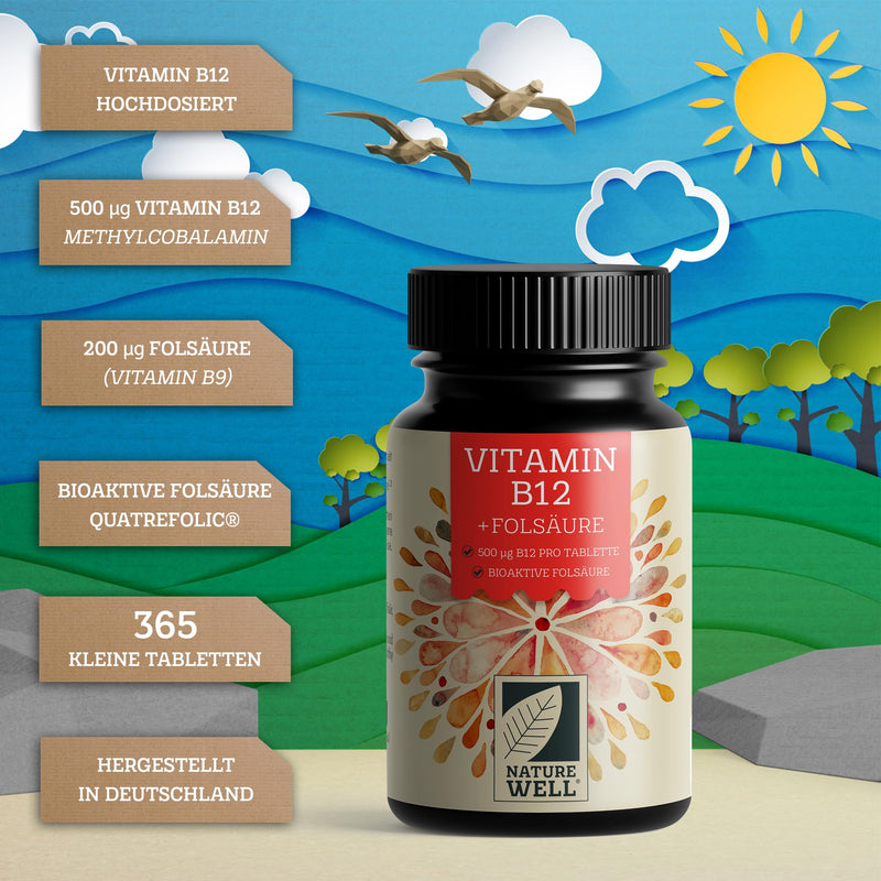 VITAMIN B12 high dose - 365 tablets with 500µg Vit B12 + FOLIC ACID 200µg per tablet - Methylcobalamin, Adenosylcobalamin & Hydroxocobalamin Vit. B12 + bioactive Quatrefolic® folic acid - 100% vegan 1x 365 tablets - NewNest Australia