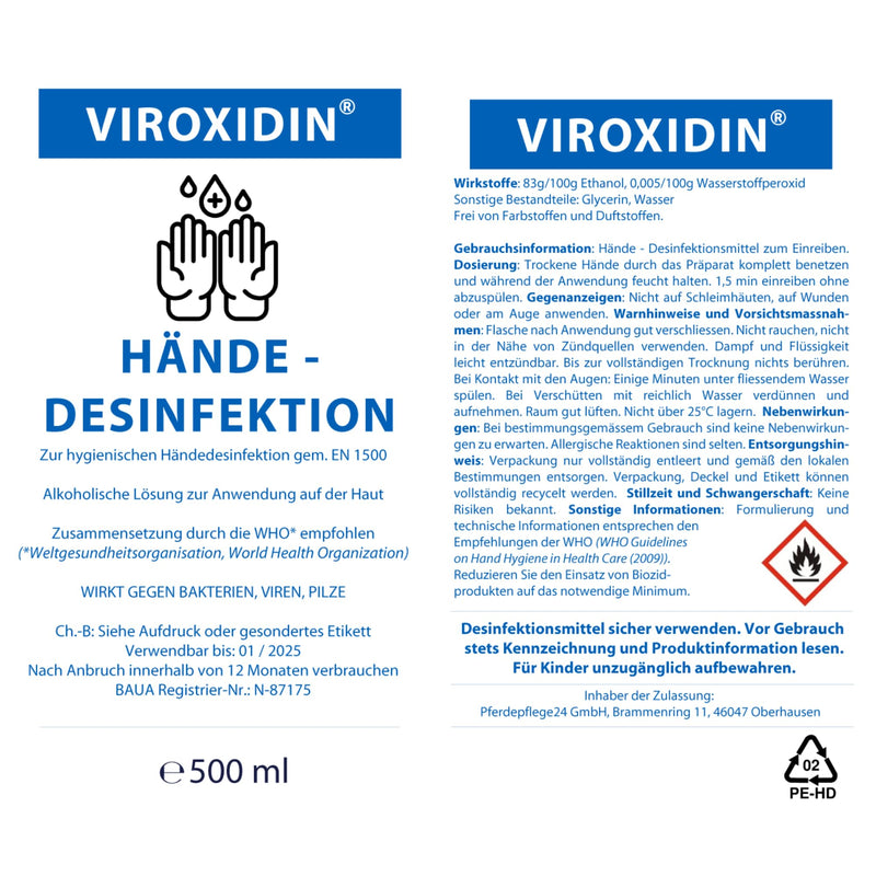Viroxidin Disinfectant For Hands, 500 Ml Euro Dispenser Bottle, Virucide, Kills 99% Bacteria, 83% Alcohol (Ethanol), Hand Disinfectant Against Bacteria, Viruses And Fungi For Rubbing, 500 Ml (430 G) - NewNest Australia