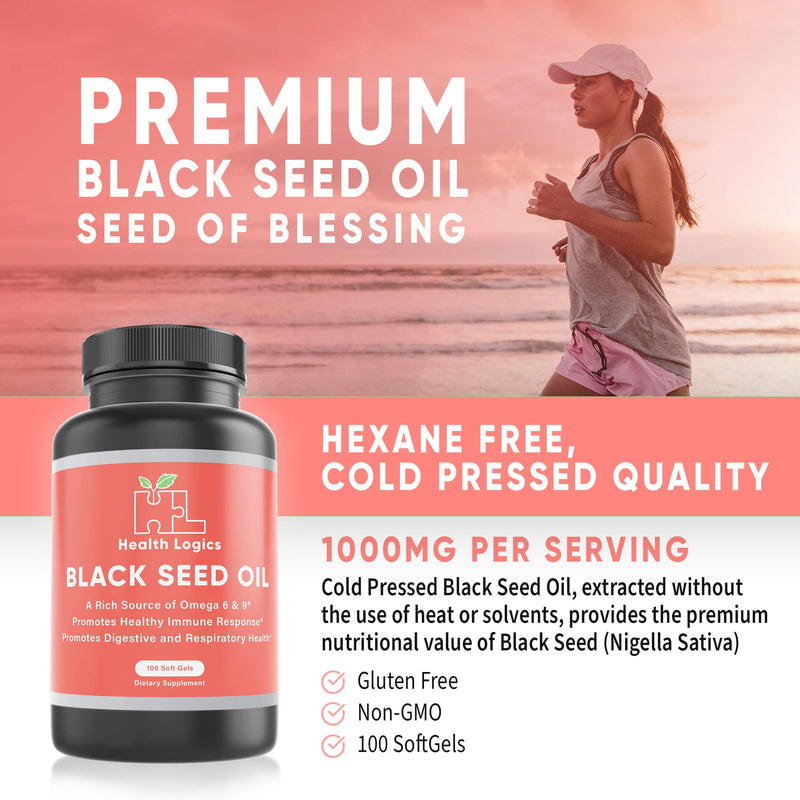 Health Logics Black Seed Oil, Cold Pressed, Rich Source of Omega 6 & 9 Essential Fatty Acids, from Nigella Sativa (100 Soft Gel Capsules) - NewNest Australia