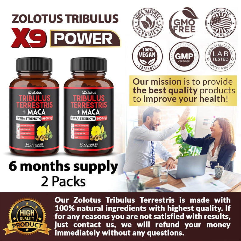 2 Packs Premium Tribulus Terrestris + Maca, 9600mg Per Capsule, 6 Months Supply, Highest Potency with Ashwagndha, Panax Ginseng, Boost Energy, Mood, Stamina & Performance, for Men & Women - NewNest Australia