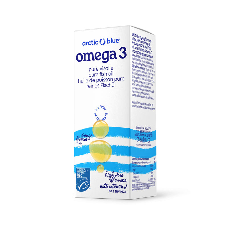 Arctic Blue Omega 3 fish oil - 150 ml liquid - high dose with DHA, EPA and vitamin D - without burping or fishy smell - arctic fish oil - MSC certified - orange flavor - NewNest Australia