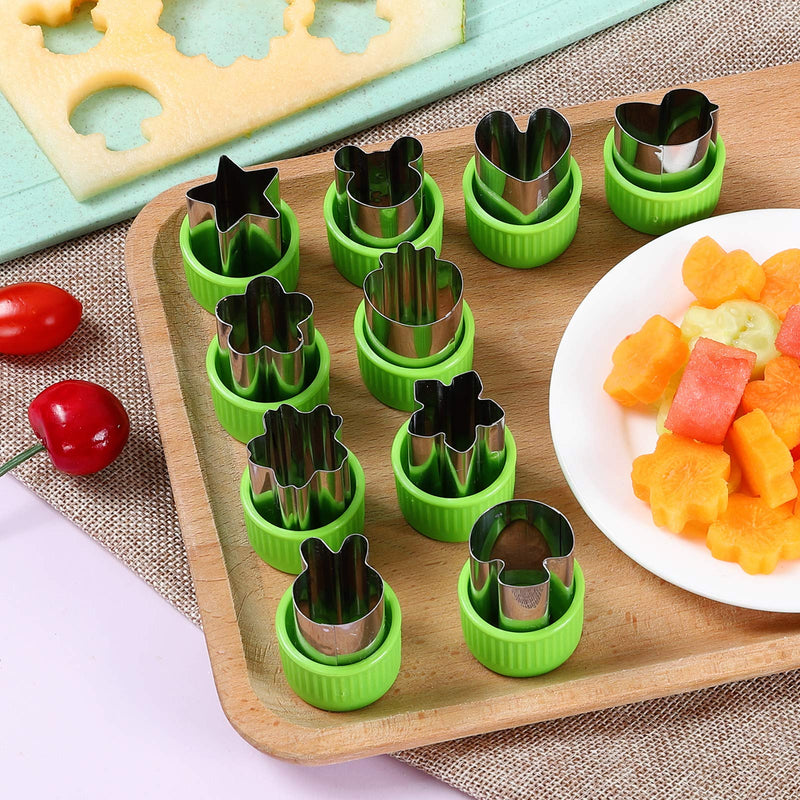 NewNest Australia - Vegetable Cutters Shapes Set, 12pcs Stainless Steel Mini Cookie Cutters, Vegetable Cutter and Fruit Stamps Mold + 20pcs Cute Cartoon Animals Food Picks and Forks -for Kids Baking and Food Supplement 