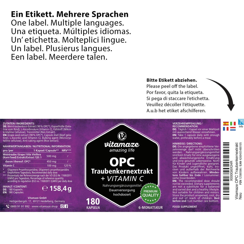 OPC Grape Seed Extract Capsules + Vitamin C, High Strength: 450 mg Certified OPC + 100 mg Vitamin C, 180 Capsules for 6 Months, Natural Supplement Without Additives, Made in Germany 1 Dose - NewNest Australia
