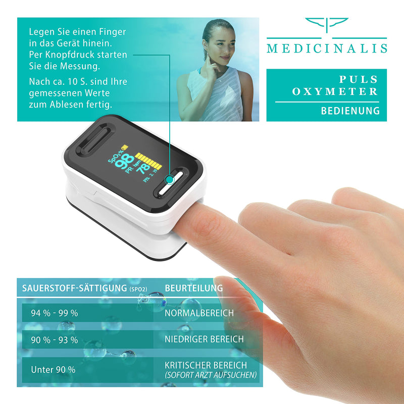Medicinalis - Finger Pulse Oximeter - Spo2 Heart Rate Monitor - Finger Pulse Oximeter - Measurement Of Pulse And Oxygen Saturation On The Finger - Oled Display - Battery Indicator - Alarm - One Touch Operation - NewNest Australia