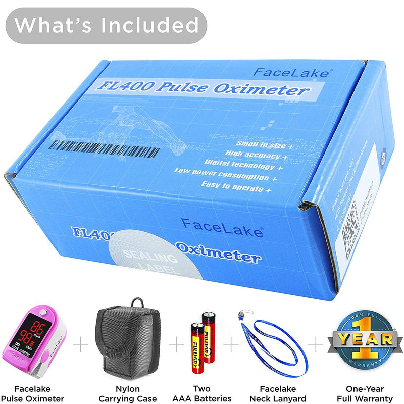 Facelake ® FL400P Pulse Oximeter with Carrying Case, Batteries, Neck/Wrist Cord - Pink - NewNest Australia