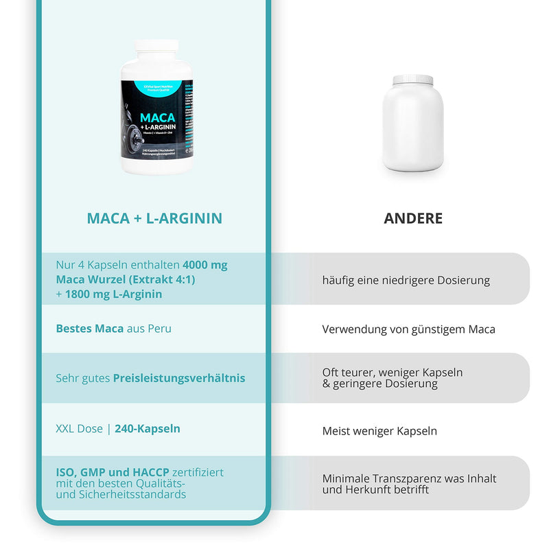 Exvital Maca Capsules 4000 Mg + L-Arginine 1800 Mg + Vitamins + Zinc, High Dosage, 2 Month Pack Of 240 Capsules In German Premium Quality, Money Back Guarantee, 1 Pack (1 X 206.4 G) - NewNest Australia