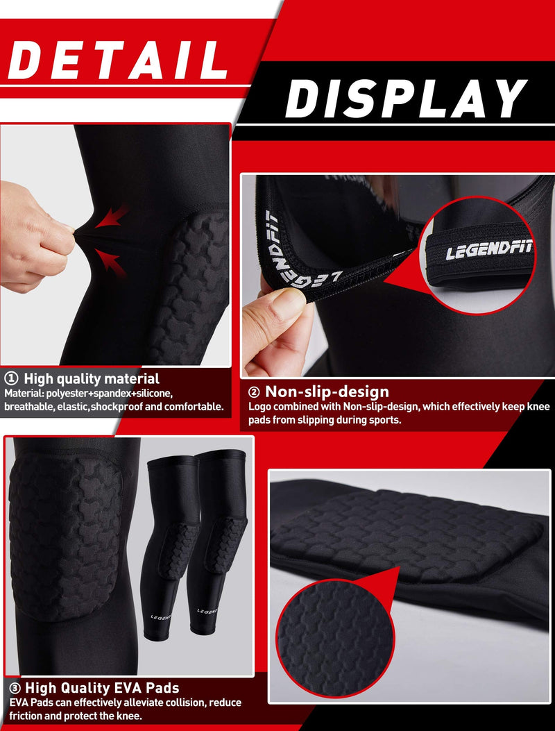 Legendfit Basketball Knee Pads for Kids Youth Adults Protective Padded Compression Long Leg Sleeves Sports Gear for Volleyball Baseball Football Wrestling 1 Pair Black X-Large - NewNest Australia
