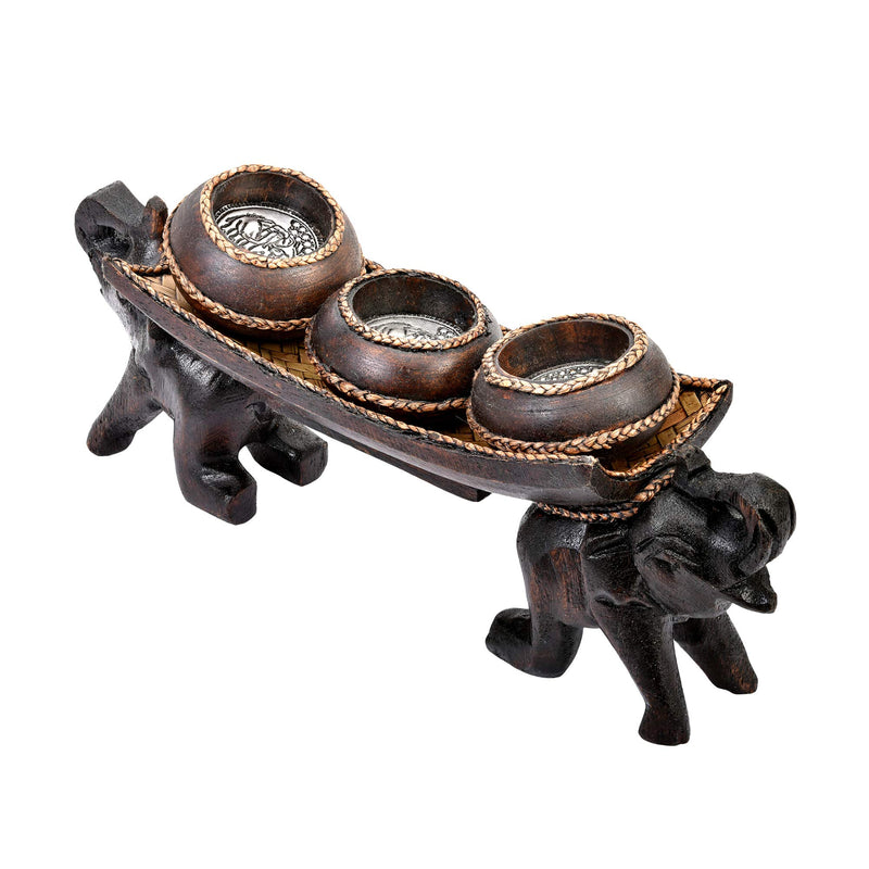 NewNest Australia - Happy Twin Elephants Carrying Three Vases Rain Tree Wood Candle Holder 