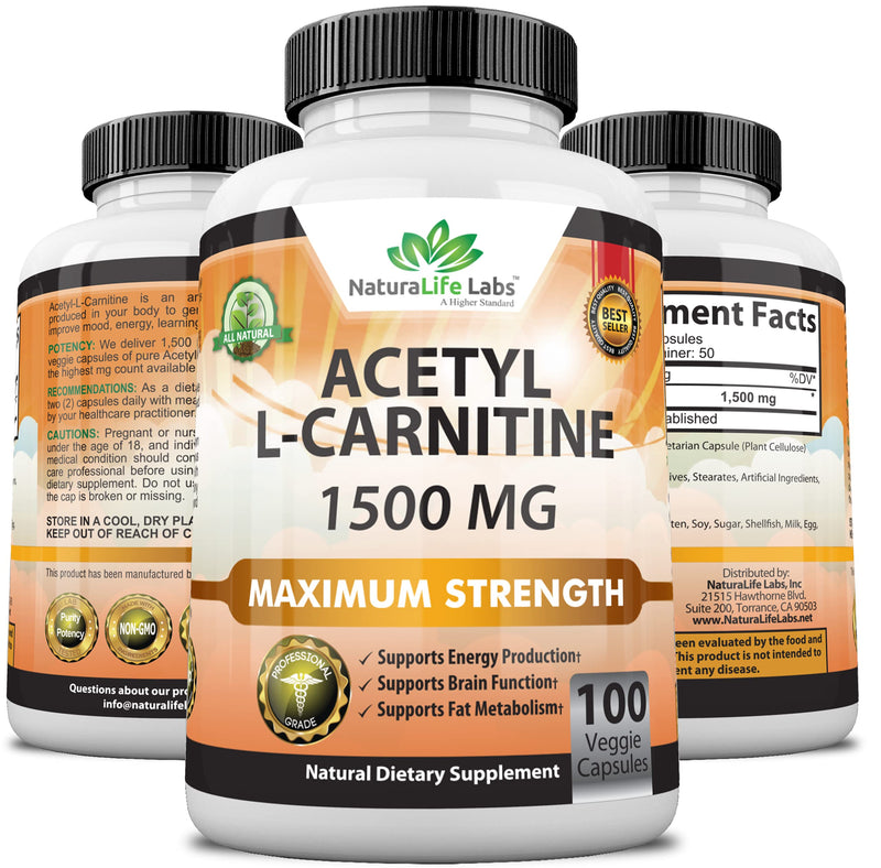 Acetyl L-Carnitine 1,500 mg High Potency Supports Natural Energy Production, Supports Memory/Focus - 100 Veggie Capsules - NewNest Australia