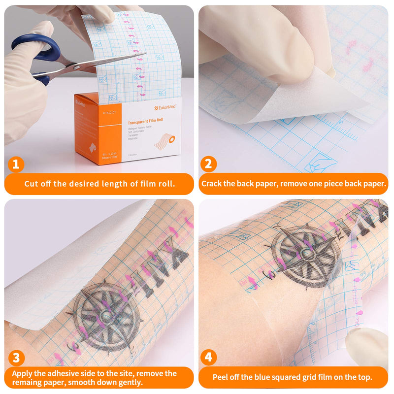 Tattoo Aftercare Bandage, Transparent Film Dressing Roll, Transparent Adhesive Bandage, 4in x 11yd, Shower Shield Dressing, Second Skin Waterproof,Soft, Conformable & Breathable by EalionMed - NewNest Australia