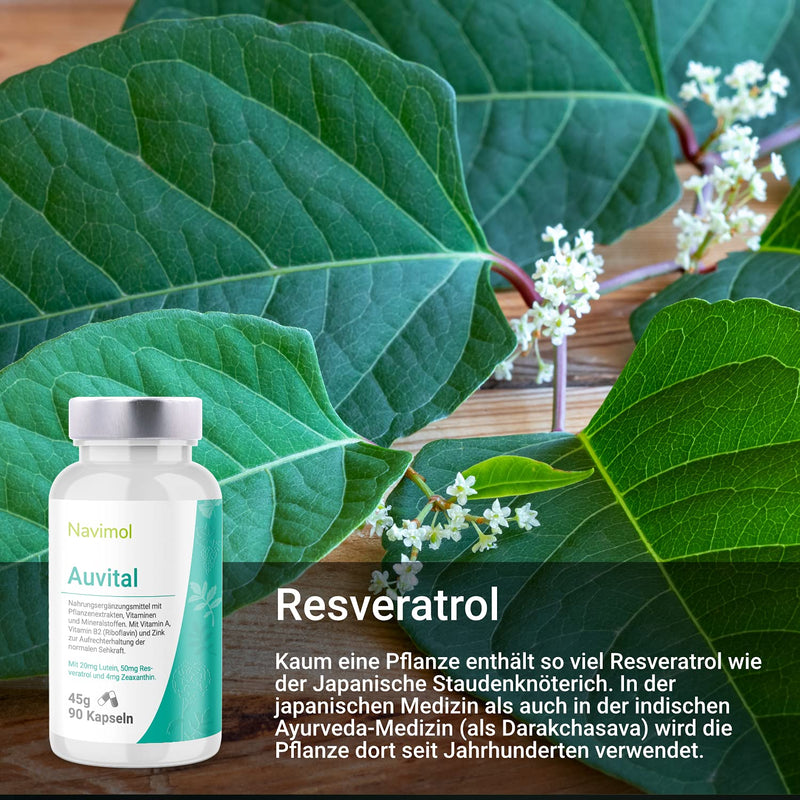 Auvital - 90 capsules | Dietary supplement: With vitamin A, vitamin B2 (riboflavin) & zinc to maintain normal vision | 20mg lutein | 50 mg resveratrol | 4mg zeaxanthin - NewNest Australia