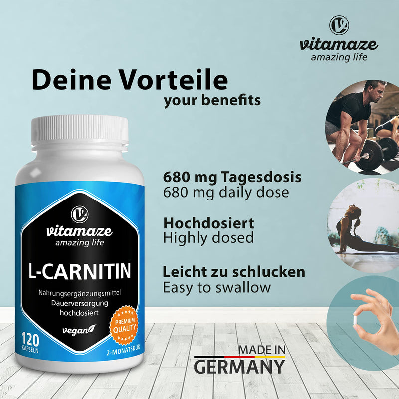 High-dose L-carnitine & vegan, 680 mg of pure L-carnitine tartrate per day, 120 capsules for 2 months, natural supplement without additives, Made in Germany - NewNest Australia