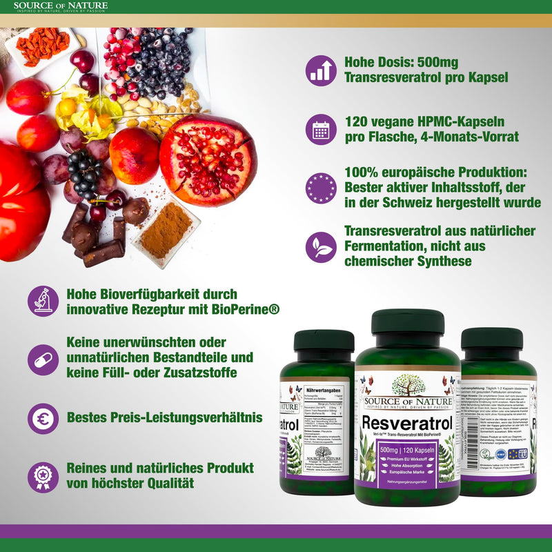 Source of Nature® | TRANS-RESVERATROL 500mg | 120 capsules | 4 month supply | > 98% pure active ingredient made in Europe | High dosage | Vegan | Antioxidant protection 120 pieces (pack of 1) - NewNest Australia