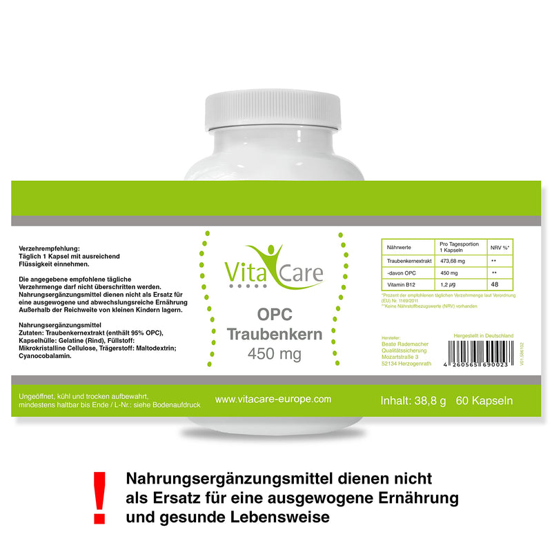 VitaCare OPC grape seed extract, 60 high-dose capsules, natural grape seed capsules as antioxidants, 450mg pure OPC powder per capsule - NewNest Australia