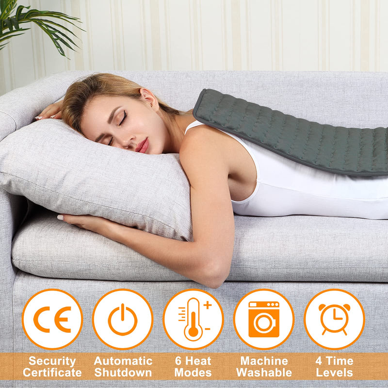 Heating pad, electric heat pad with automatic switch-off and 6 temperature levels, heating pad for back, neck, shoulder, stomach, machine washable (dark grey, 30 x 60 cm) dark grey - NewNest Australia
