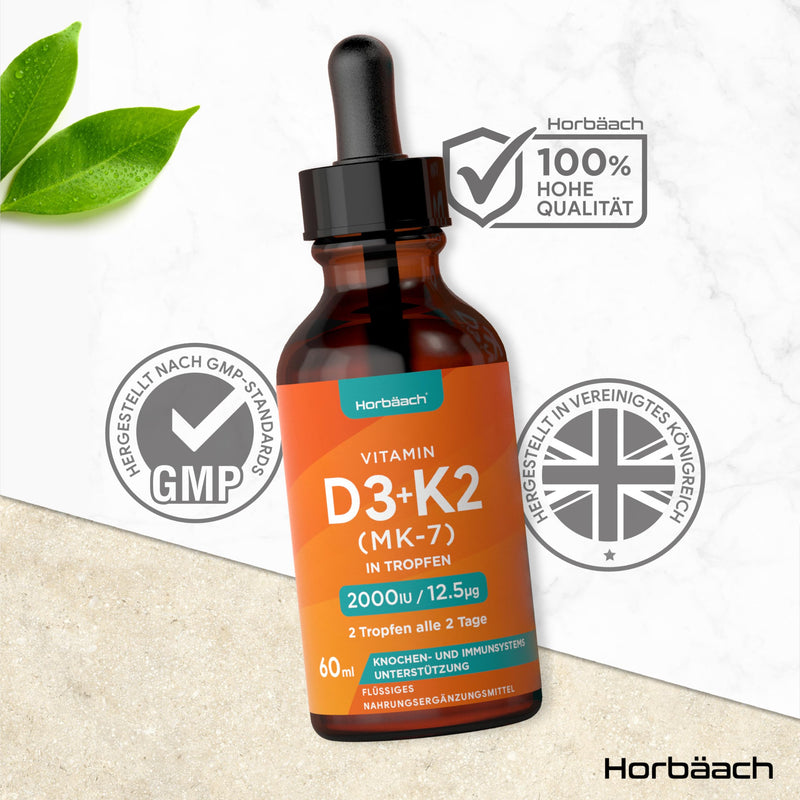 Vitamin D3 K2 drops high dose | 60ml | 2000 IU D3 + 12.5 mcg K2 MK7 | Liquid drops | Bone Health and Immune Support | by Horbaach - NewNest Australia