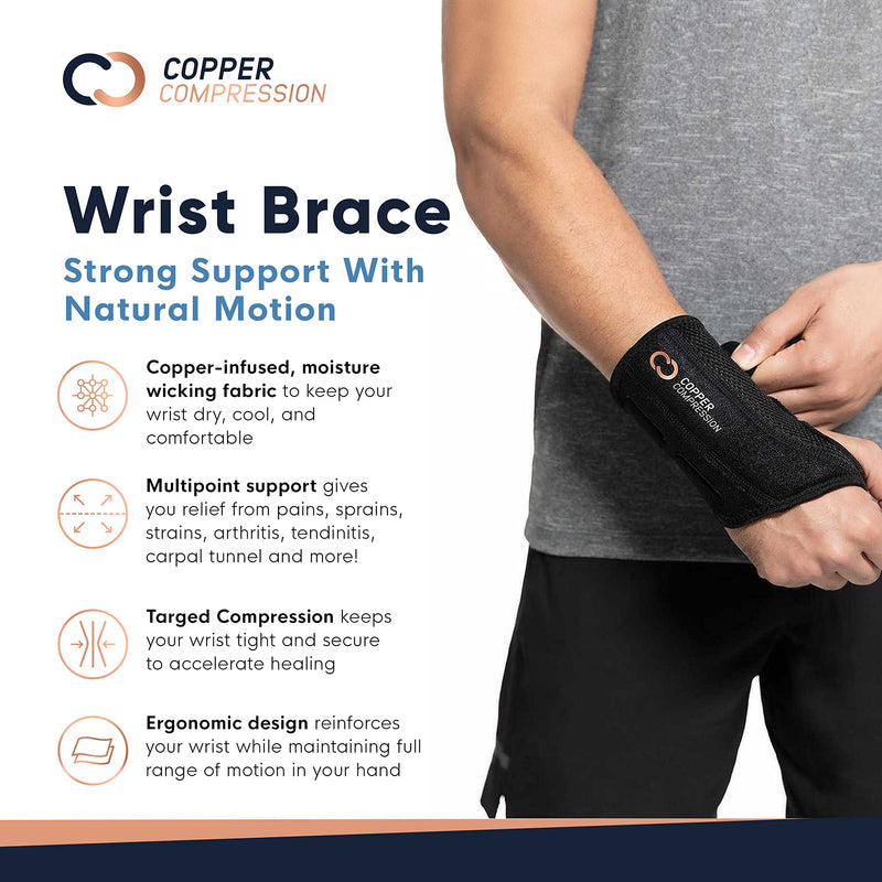 Copper Compression Recovery Wrist Brace - Copper Infused Adjustable Support Splint for Pain, Carpal Tunnel, Arthritis, Tendonitis, RSI, Sprain. Night Day Splint for Men Women - Fits Left Hand S-M Left Hand Small/Medium (Pack of 1) - NewNest Australia