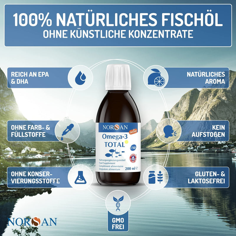 NORSAN Premium Omega 3 Fish Oil Total Lemon Online High Dose 200 ml / 2,000 mg Omega 3 per serving/Omega 3 Oil with EPA & DHA/Omega 3 Premium Oil with 800 IU Vitamin D3 200 ml (Pack of 1) - NewNest Australia