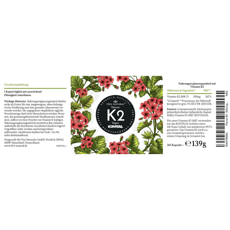 Vitamin K2 MK7-365 capsules - 200µg per capsule - top raw material K2VITAL® with 99.7% All-Trans-MK7 - high dosage, vegan, without additives such as magnesium stearate - laboratory tested, produced in Germany - NewNest Australia
