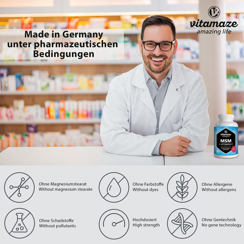 MSM capsules + vitamin C, high dose, 360 capsules for 6 months, 1,334 mg organic sulfur powder per day, 99.9% pure methylsulfonylmethane, nutritional supplement without additives, Made in Germany - NewNest Australia