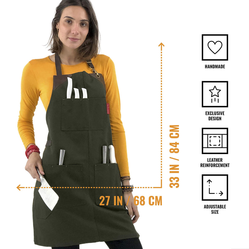 Under NY Sky Knife-Roll Forest Green Apron – Heavy-Duty Canvas, Leather Reinforcement – Adjustable for Men and Women – Pro Chef, Barbecue, Butcher, Bartender, Woodworker, Tool Aprons - NewNest Australia