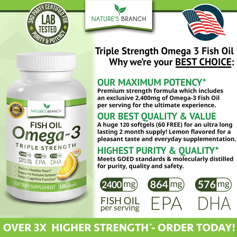 Best Triple Strength Omega 3 Fish Oil Pills 2400mg Burpless High Potency Lemon Flavor - 864mg EPA 576mg DHA Ultra Pure Liquid Softgels 120 Capsules for Brain Joints Eyes Hair Heart Health Supplement - NewNest Australia