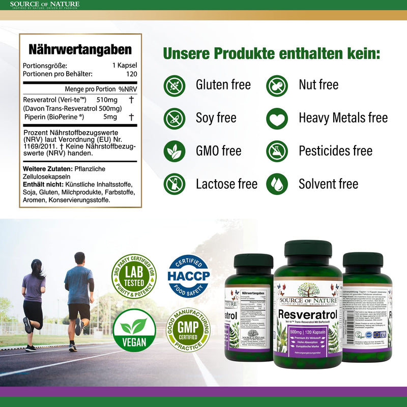 Source of Nature® | TRANS-RESVERATROL 500mg | 120 capsules | 4 month supply | > 98% pure active ingredient made in Europe | High dosage | Vegan | Antioxidant protection 120 pieces (pack of 1) - NewNest Australia