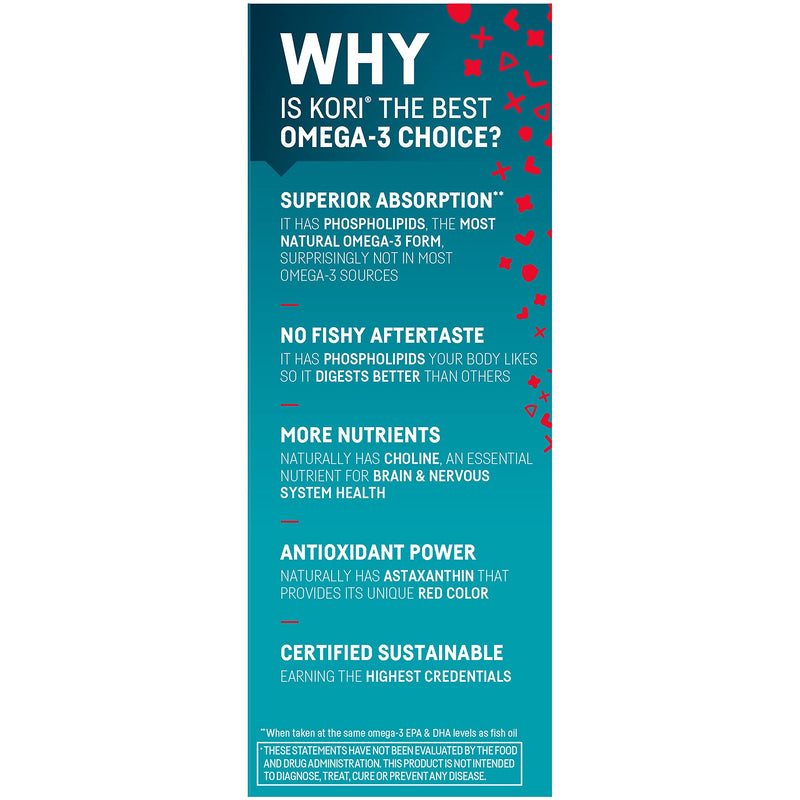Kori Krill Oil Omega-3 600mg, 60 Softgels | Multi-Benefit Omega-3 Supplement | Superior Omega-3 Absorption vs Fish Oil and No Fishy Burps (Pack of 3) Small 600MG (3 Pack - 180 Count Total) - NewNest Australia