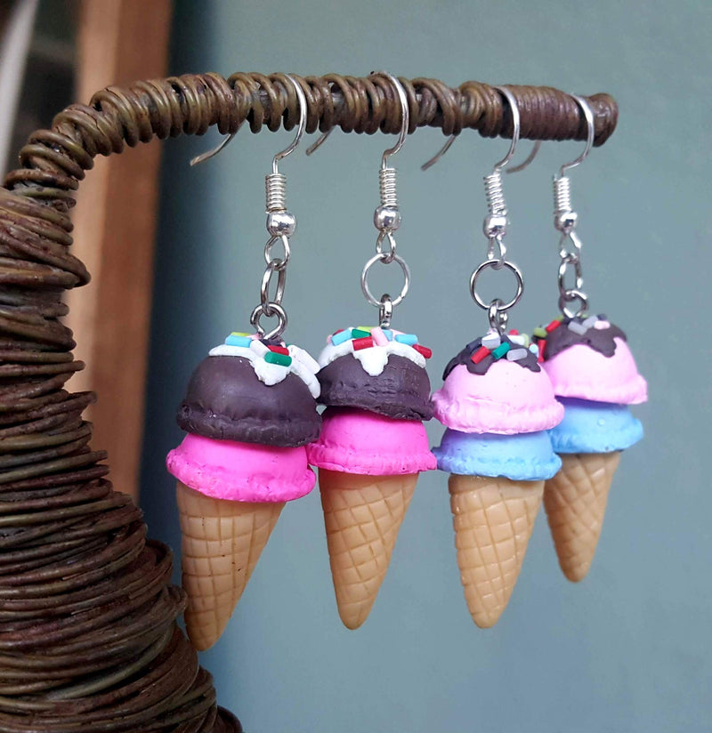 Pashal Double Scoop 3D Ice Cream Kawaii Cone with Sprinkels Dangle Drop Earrings Blue & Pink - NewNest Australia