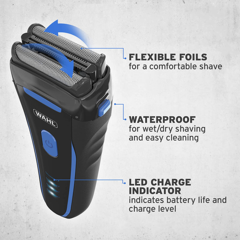 Wahl Clean and Close, Men’s Shaver, Electric Shavers for Men, Beard Shaving, Flex Foil, Waterproof, Easy Clean, Rubber Grip, LED Power Display, Black and Blue - NewNest Australia