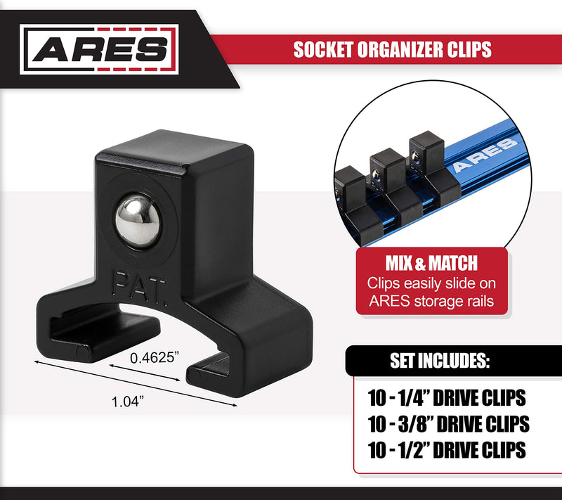 ARES 60052 - 30-Piece 1/4-inch, 3/8-inch, and 1/2-inch Drive Socket Clip Set - Black Spring Loaded Ball Bearing Socket Clips - Additional Clips for Use with ARES Aluminum Socket Rails 30pc 1/4, 3/8, and 1/2-Inch Drive Socket Clip Set - NewNest Australia