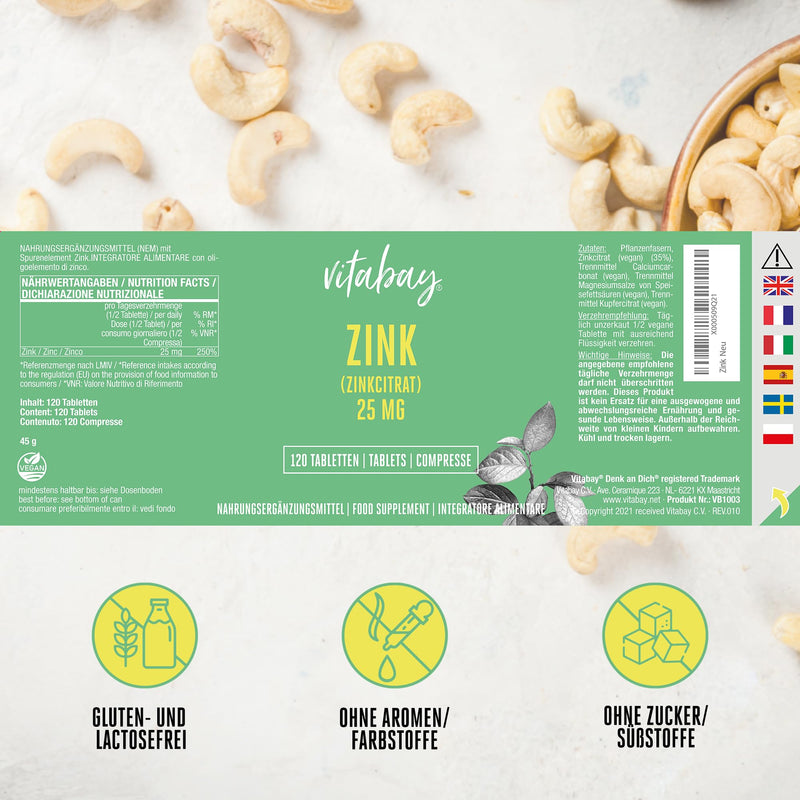 Vitabay Zinc Citrate High Dose - 120 VEGAN Tablets (240 Servings) - 25 mg Zinc High Dose per Daily Portion - Zinc Tablets High Quality Zinc Zinc Capsules Zinc Supplement Dietary Supplement 120 Pieces (Pack of 1) - NewNest Australia