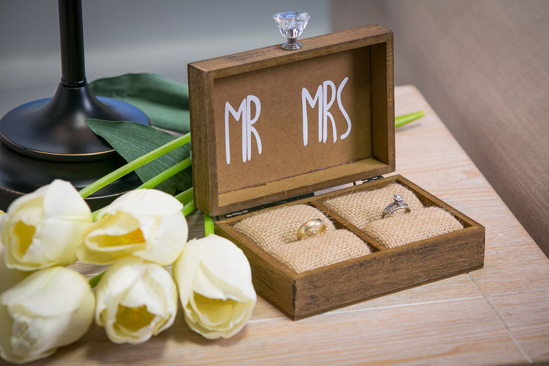 NewNest Australia - Cypress Home Wedding Decor “and Then Two Become One” Mr. and Mrs. Wooden Ring Holder Decorative Box - 5”W x 6”D x 2”H Elegant Wedding Gift Box 