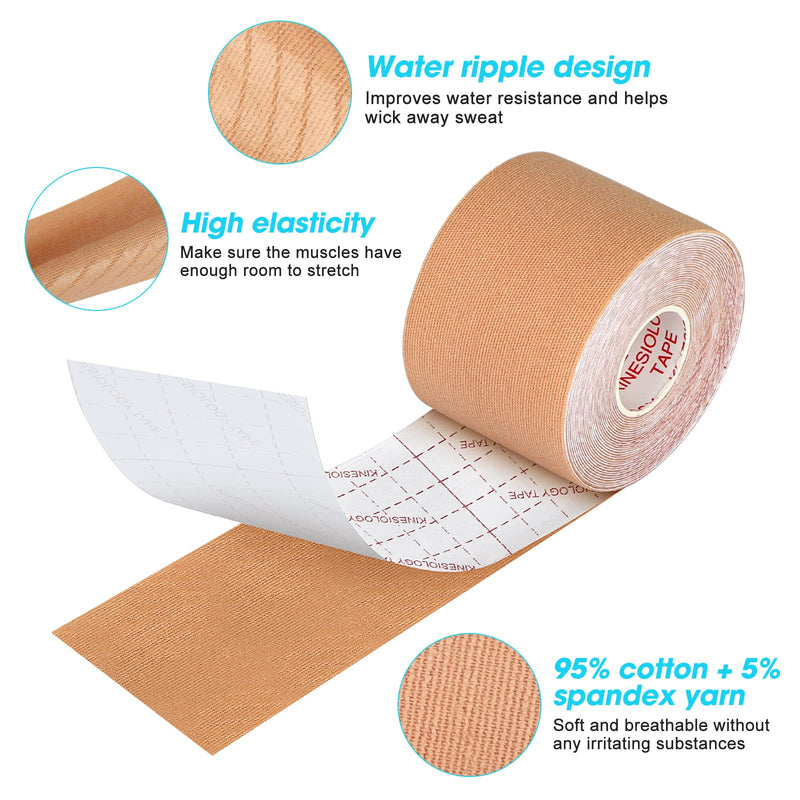 LDKJ 3 Rolls Kinesiology Tapes, Elastic Water Resistant Muscle Tape 5m x 5cm, Adhesive Uncut Sports Tape Breathable and Soft, Muscle Tape for Shoulder Knee Ankle (Beige) Beige - NewNest Australia