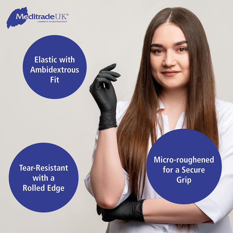 Nitrile Examination Gloves - Medium, Powder Free, Hypoallergenic, Heavy Duty, Long Cuff, Ambidextrous, Disposable, for Any Sector, Bulk Buy (Medium) (Black) - Meditrade - NewNest Australia