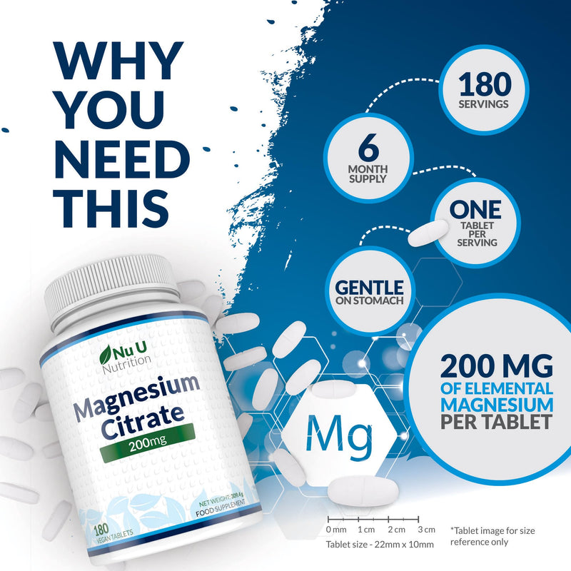 Magnesium Citrate 200mg - 180 Magnesium Tablets - 200mg per Tablets - 6 Month Supply - High Dose - Nu U Nutrition - NewNest Australia