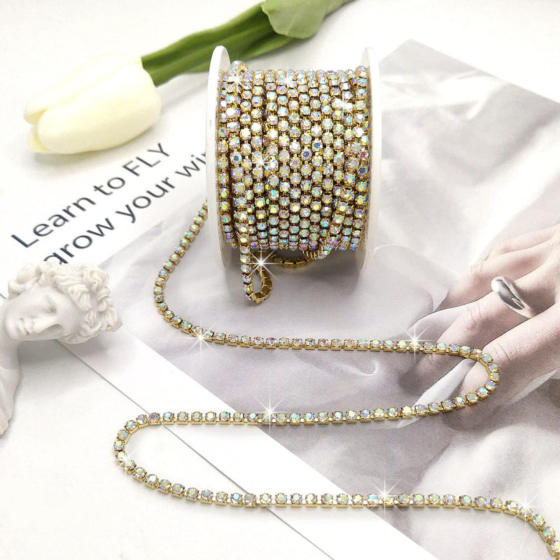 Yhsheen 11 Yard 3MM Rhinestone Rhinestone Trim Crystal Rhinestone Chain Sparkly Rhinestone Applique for Wedding Party Embellishment Clothing Accessories (3MM, AB Stone in Gold Base) - NewNest Australia