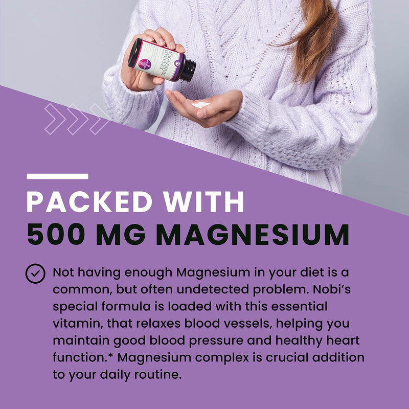 Nobi Nutrition Magnesium Complex - High Absorption, Non-GMO, Gluten, Soy and Dairy Free - 500mg Vegetarian Capsules (2 Month Supply, 60) 60 Count (Pack of 1) - NewNest Australia