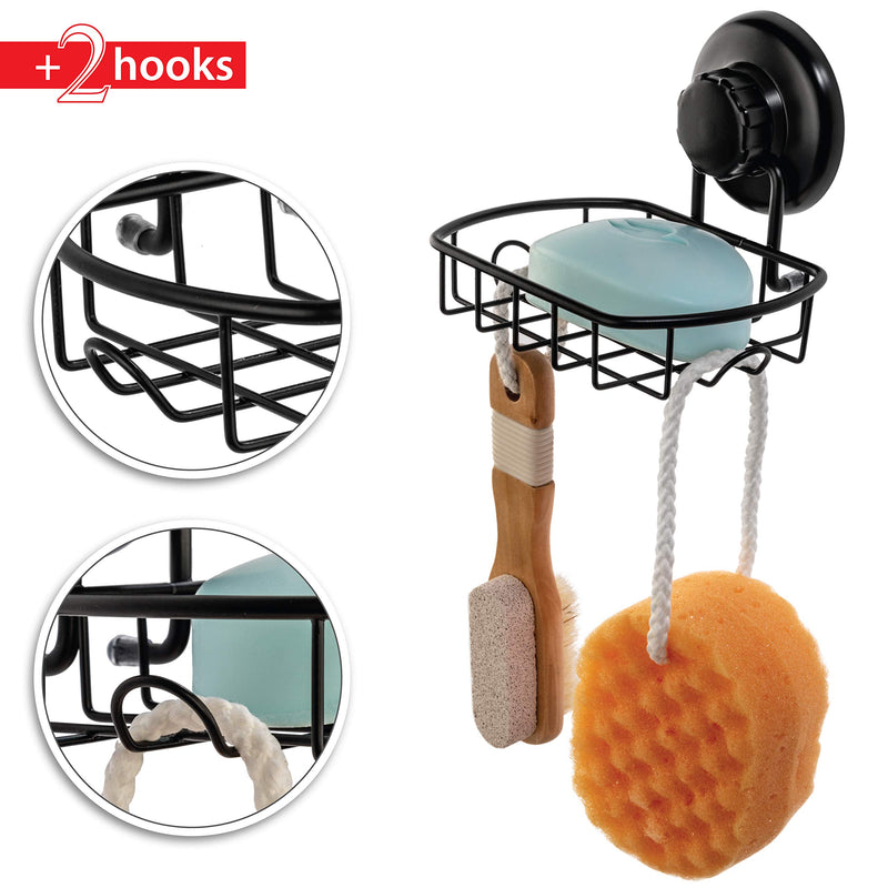 HASKO accessories Suction Soap Dish with Hooks - Super Powerful Vacuum Suction Cup Shower Soap Holder - Rustproof Stainless Steel SS304 Soap Basket - Sponge Holder for Bathroom & Kitchen (Black) - NewNest Australia