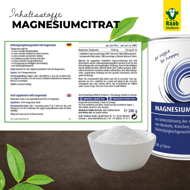 Raab Vitalfood Pure Magnesium Citrate Powder (200g) I Vegan, laboratory tested, easy to dose I To support muscles, bones nerves & electrolyte balance I Ideal for athletes - NewNest Australia