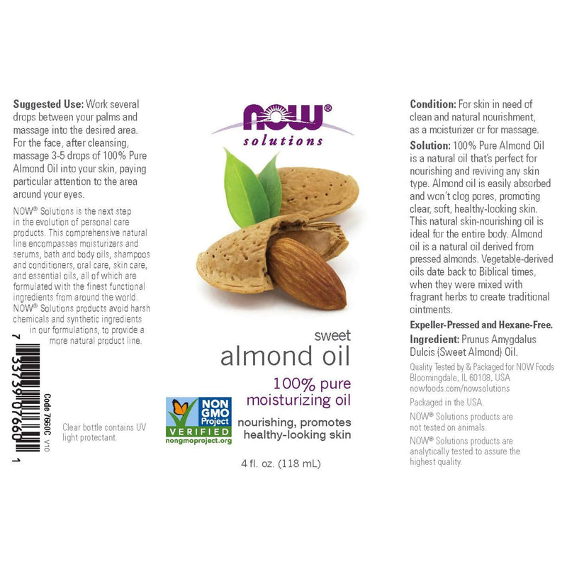 NOW Solutions, Sweet Almond Oil, 100% Pure Moisturizing Oil, Promotes Healthy-Looking Skin, Unscented Oil, 4-Ounce 4 Fl Oz (Pack of 1) - NewNest Australia