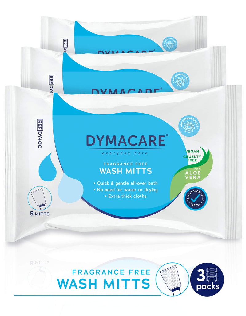 Dymacare® moist wash gloves, fragrance-free, soft large gloves, face-body-hands, can be heated in the microwave, with nourishing aloe vera, disposable (pack contains 8 wash gloves each) 3 packs - NewNest Australia