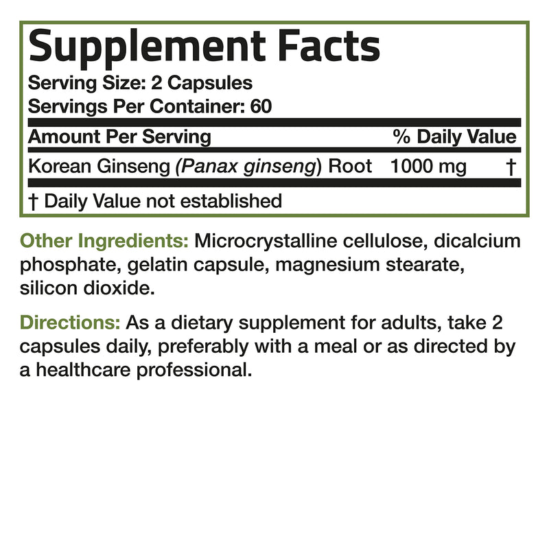 Bronson Korean Panax Ginseng 1000 mg Supports Energy, Endurance & Vitality + Memory and Mental Performance, 120 Capsules 120 Count (Pack of 1) - NewNest Australia